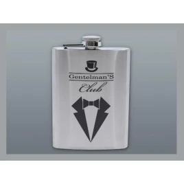 Szálcsiszolt króm színű rozsdamentes acél flaska, laposüveg 6 oz. = 1.77 dl - Gentlemans Club felirattal