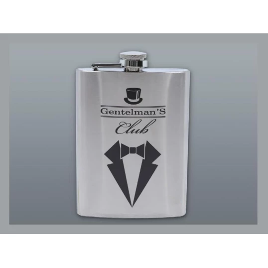 Szálcsiszolt króm színű rozsdamentes acél flaska, laposüveg 6 oz. = 1.77 dl - Gentlemans Club felirattal