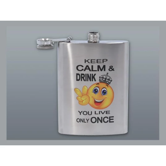 Szálcsiszolt króm színű rozsdamentes acél flaska, laposüveg 6 oz. = 1.77 dl - Keep Calm felirattal