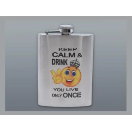 Szálcsiszolt króm színű rozsdamentes acél flaska, laposüveg 6 oz. = 1.77 dl - Keep Calm felirattal