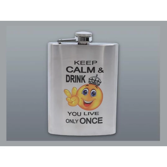 Szálcsiszolt króm színű rozsdamentes acél flaska, laposüveg 6 oz. = 1.77 dl - Keep Calm felirattal
