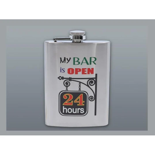 Rozsdamentes acél laposüveg – szálcsiszolt ezüst színű, My Bar Is Open mintával, 6 oz (177 ml) - Flaskák – praktikus úti eszközök