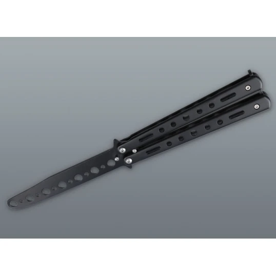 Fekete balisong kiképző kés lyukacsos fém markolattal – 22 cm - Kések – praktikus úti eszközök