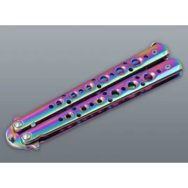 Szivárvány színű pillangókés perforált fém markolattal – balisong kés (22 cm)