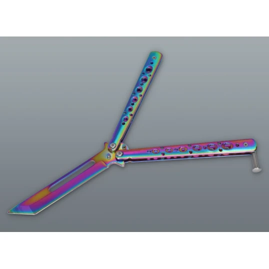 Szivárvány színű pillangókés perforált fém markolattal – balisong kés (22 cm) - Kések – praktikus úti eszközök