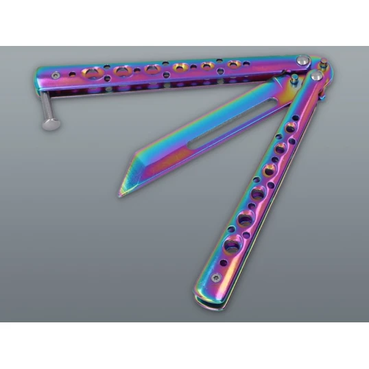 Szivárvány színű pillangókés perforált fém markolattal – balisong kés (22 cm) - Kések – praktikus úti eszközök
