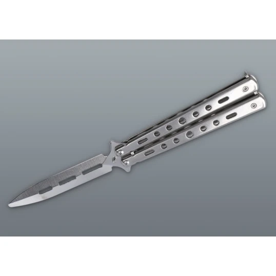 Ezüst színű balisong pillangókés lyukacsos fém markolattal – 22,5 cm - Kések – praktikus úti eszközök