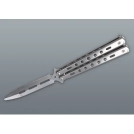 Ezüst színű balisong pillangókés lyukacsos fém markolattal – 22,5 cm