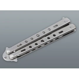 Ezüst színű balisong pillangókés lyukacsos fém markolattal – 22,5 cm