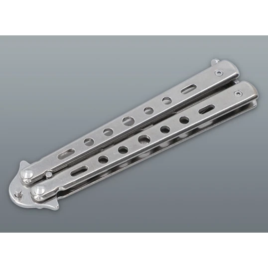Ezüst színű balisong pillangókés lyukacsos fém markolattal – 22,5 cm