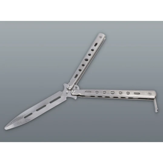 Ezüst színű balisong pillangókés lyukacsos fém markolattal – 22,5 cm