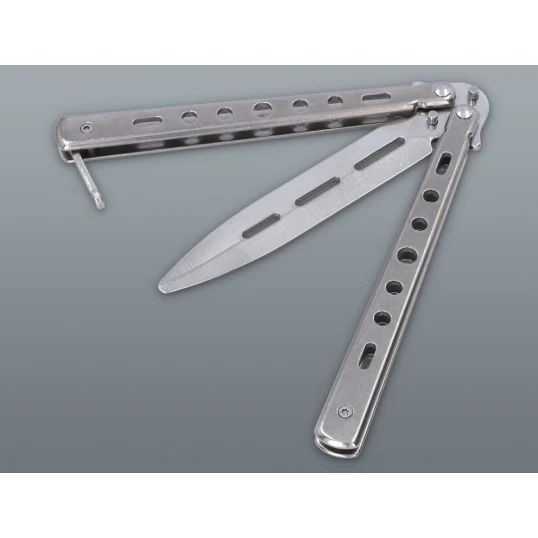 Ezüst színű balisong pillangókés lyukacsos fém markolattal – 22,5 cm