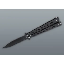 Fekete balisong pillangókés lyukacsos fém markolattal – 22,5 cm