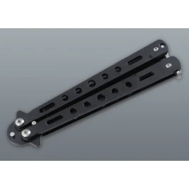 Fekete balisong pillangókés lyukacsos fém markolattal – 22,5 cm