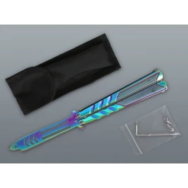 Szivárvány balisong kiképző kés cápafej mintás pengével – 24 cm, tokkal