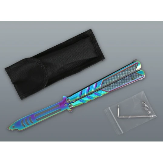 Szivárvány balisong kiképző kés cápafej mintás pengével – 24 cm, tokkal