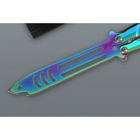 Szivárvány balisong kiképző kés cápafej mintás pengével – 24 cm, tokkal