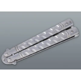 Ezüst színű balisong kiképző kés lyukacsos pengével – 22 cm