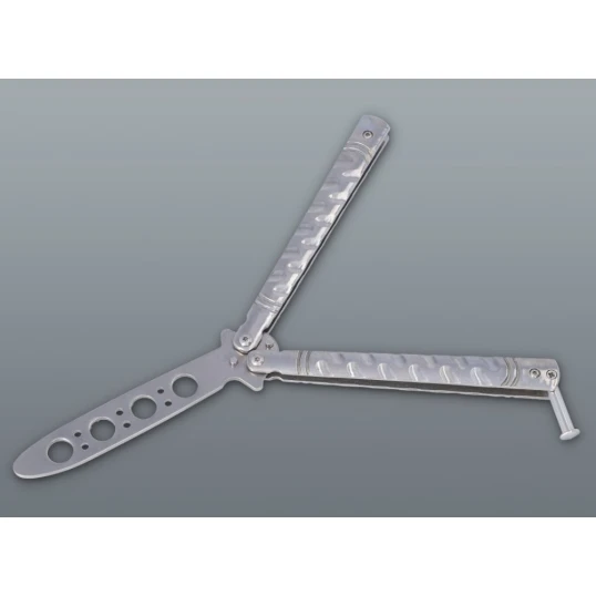 Ezüst színű balisong kiképző kés lyukacsos pengével – 22 cm - Kések – praktikus úti eszközök