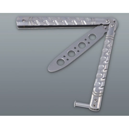 Ezüst színű balisong kiképző kés lyukacsos pengével – 22 cm - Kések – praktikus úti eszközök