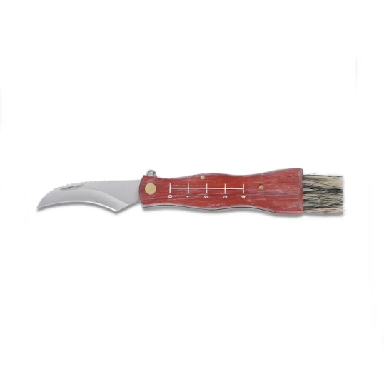 Gombászkés kefével és fa nyéllel – vörösesbarna markolat (17 cm) - Kések – praktikus úti eszközök