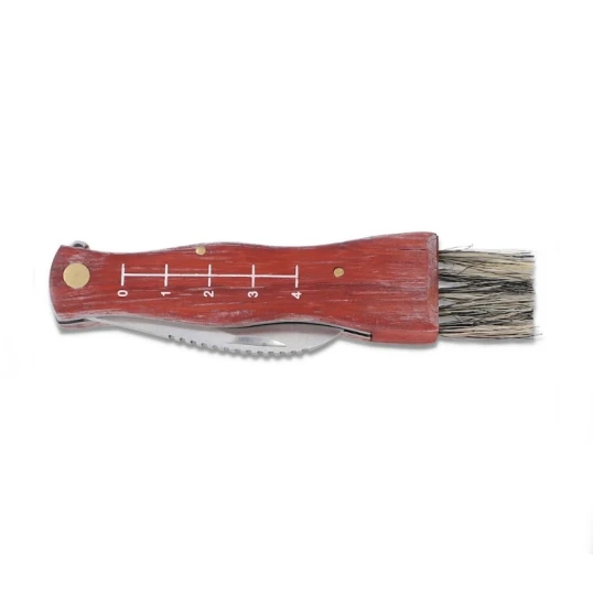 Gombászkés kefével és fa nyéllel – vörösesbarna markolat (17 cm) - Kések – praktikus úti eszközök