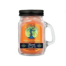 Smoke Killer illatgyertya üvegedényben, füllel és fém kupakkal – Michigan Peach Tree - kicsi