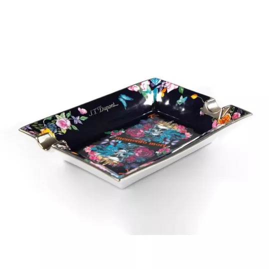 S.T. Dupont szivar hamutál Skull & Flowers mintával, 2 szál szivar számára- fekete