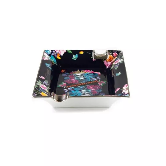S.T. Dupont szivar hamutál Skull & Flowers mintával, 2 szál szivar számára- fekete