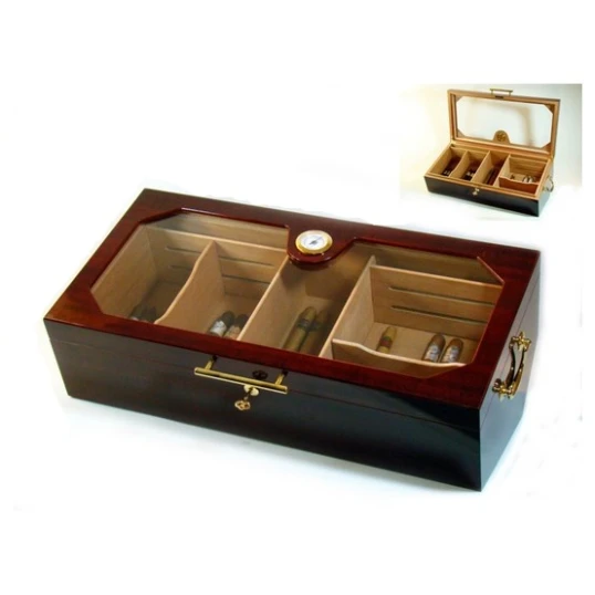 Nagy méretű vörösesbarna cédrusfa humidor 150 szál szivar tárolására, üvegtetővel, hygrométerrel és kristályos párásítóval - Angelo - Humidor 80-150 szál szivarnak