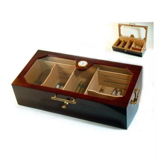 Nagy méretű vörösesbarna cédrusfa humidor 150 szál szivar tárolására, üvegtetővel, hygrométerrel és kristályos párásítóval - Angelo