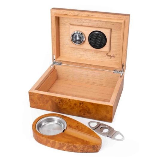 Angelo humidor 25 szál szivar részére, gyökérfa mintás szivar tároló doboz, belső hygrométerrel, párásítóval + AJÁNDÉK szett! - Humidor 20-40 szál szivarnak