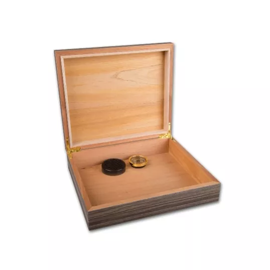 Humidor 25 szál szivar, zebracsíkos szivartartó doboz párásítóval belső hygrométer és kristályos párásító