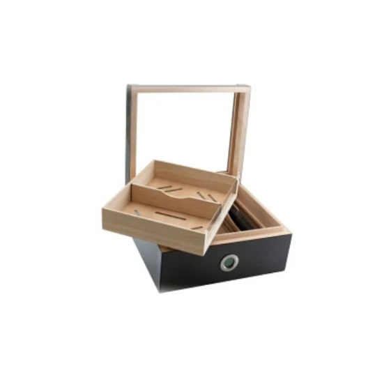 Faro humidor 60-80 szál szivar részére, üvegtető, cédrusfa belső, párásítóval, digitális hygrométerrel, fekete–grafitszürke színű, karbonhatású mintázattal