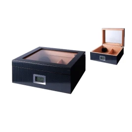 Humidor 40 szál szivar részére, cédrusfa szivar doboz üvegtetővel, párásítóval,digitális hygrométerrel - carbon mintás, Angelo