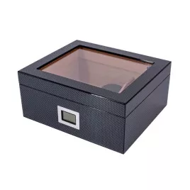 Humidor 40 szál szivar részére, cédrusfa szivar doboz üvegtetővel, párásítóval,digitális hygrométerrel - carbon mintás, Angelo