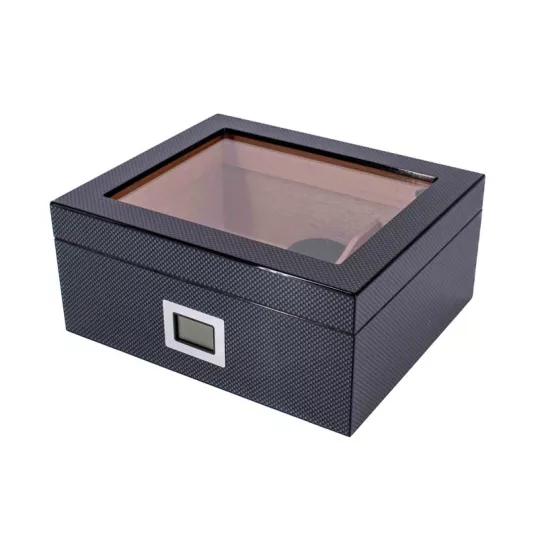 Humidor 40 szál szivar részére, cédrusfa szivar doboz üvegtetővel, párásítóval,digitális hygrométerrel - carbon mintás, Angelo