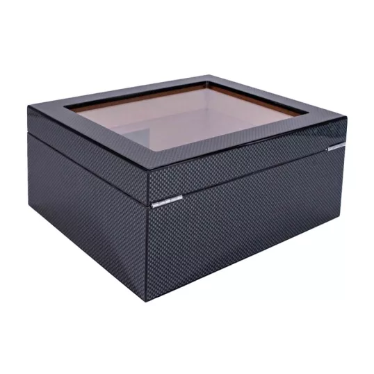 Humidor 40 szál szivar részére, cédrusfa szivar doboz üvegtetővel, párásítóval,digitális hygrométerrel - carbon mintás, Angelo