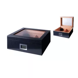 Humidor 40 szál szivar részére, cédrusfa szivar doboz üvegtetővel, párásítóval,digitális hygrométerrel - carbon mintás, Angelo
