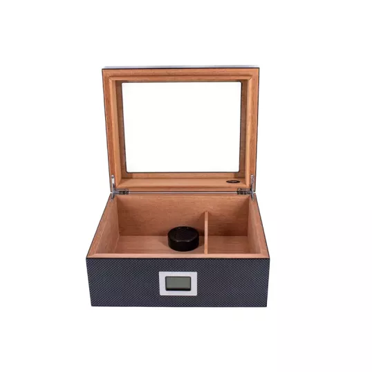 Humidor 40 szál szivar részére, cédrusfa szivar doboz üvegtetővel, párásítóval,digitális hygrométerrel - carbon mintás, Angelo