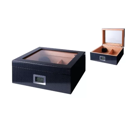 Humidor 40 szál szivar részére, cédrusfa szivar doboz üvegtetővel, párásítóval,digitális hygrométerrel - carbon mintás, Angelo