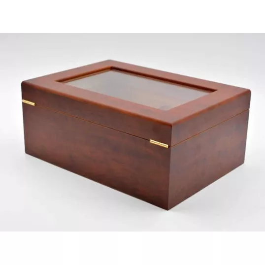 Angelo humidor 50-75 szál szivar részére, barna színű, cédrusfa belső, üvegtető, párásító, digitális hygrométer