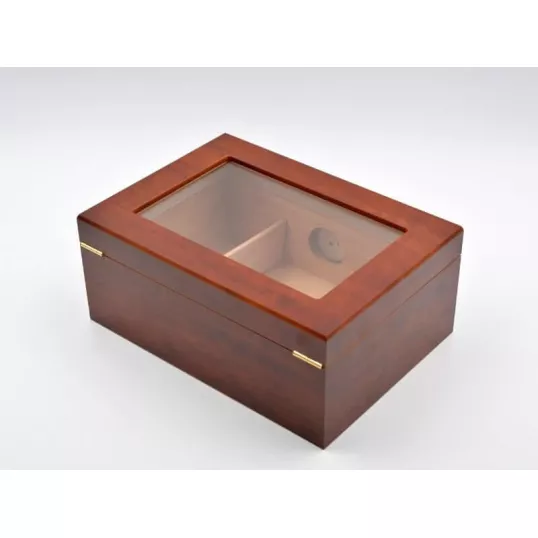 Angelo humidor 50-75 szál szivar részére, barna színű, cédrusfa belső, üvegtető, párásító, digitális hygrométer