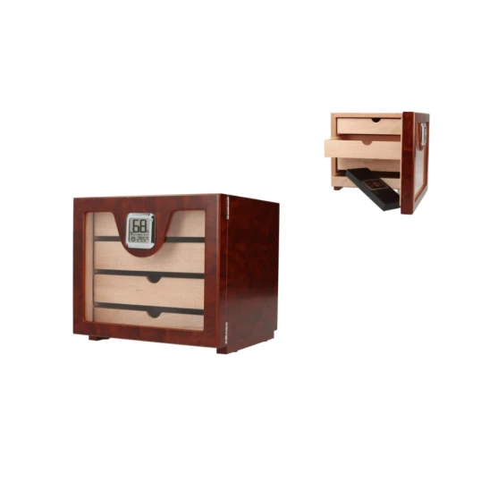 Üvegajtós cédrusfa humidor szekrény 70-90 szivar részére, gyökérfa borítással, párásítóval, digitális külső hygrométerrel - Humidor 40-80 szál szivarnak