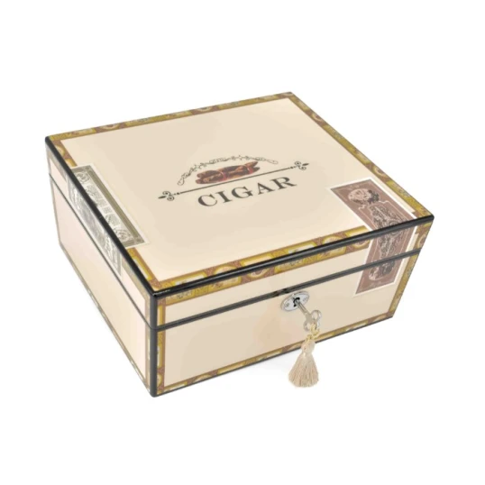 Humidor 35 szál szivar részére, Cigar mintás, lakkozott szivartartó doboz, kulccsal zárható, párásító és belső hygrometer - Angelo - Humidor 40-80 szál szivarnak