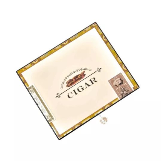 Humidor 35 szál szivar részére, Cigar mintás, lakkozott szivartartó doboz, kulccsal zárható, párásító és belső hygrometer - Angelo