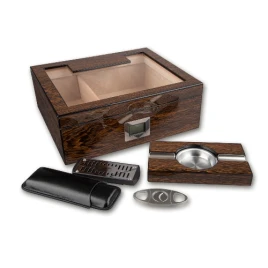 Üvegtetős humidor szett 50 szivar, digitális higrométerrel kristályos párásítóval + szivaros ajándék szett