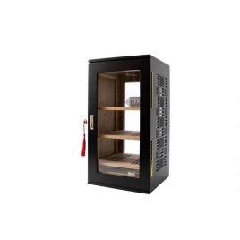 Humidor szekrény 75 szál szivarnak, matt fekete, akril előlap és hátlap, dekoratív oldalpanelek, 3 db polc, digitális higrométer, 2 db AP párásító