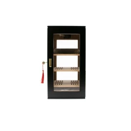 Humidor szekrény 75 szál szivarnak, matt fekete, akril előlap és hátlap, dekoratív oldalpanelek, 3 db polc, digitális higrométer, 2 db AP párásító