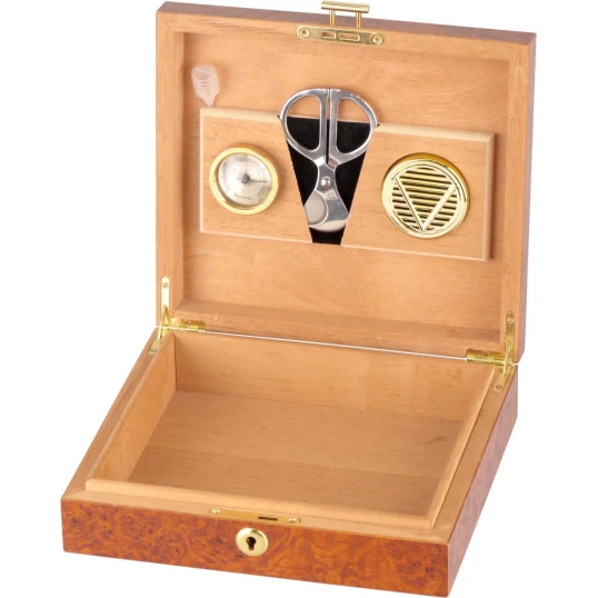 Humidor 10–15 szál szivar részére – gyökérfa mintás barna kivitel, párásítóval és szivarollóval - Humidor 5-20 szál szivarnak